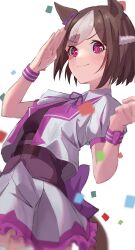 Rule 34 | 1girl, absurdres, animal ears, blush, brown hair, clenched hand, closed mouth, confetti, cropped jacket, highres, horse ears, horse girl, horse tail, jacket, looking at viewer, multicolored hair, neck ribbon, open clothes, open jacket, panda 0035, purple eyes, purple vest, ribbon, salute, short hair, short sleeves, skirt, smile, solo, special week (umamusume), tail, two-tone hair, umamusume, v-shaped eyebrows, vest, white jacket, white skirt, wristband
