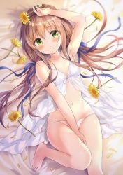 Rule 34 | 1girl, :o, amedamacon, arm up, armpits, babydoll, bare arms, bare legs, bare shoulders, barefoot, bed sheet, blue ribbon, blush, brown hair, commentary, flower, green eyes, hair between eyes, hair ribbon, highres, holding, holding flower, long hair, low twintails, lying, navel, on back, original, panties, parted lips, petals, ribbon, side-tie panties, solo, symbol-only commentary, twintails, underwear, underwear only, very long hair, white panties, yellow flower