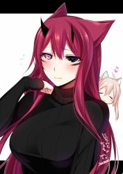 Rule 34 | :3, = =, ahoge, animal ears, black eyes, black sweater, blush, breasts, closed mouth, dated, embarrassed, closed eyes, facial mark, flying sweatdrops, heart, heterochromia, horns, konshin, large breasts, letterboxed, long hair, looking at viewer, original, pink eyes, red hair, ribbed sweater, signature, smile, sweater