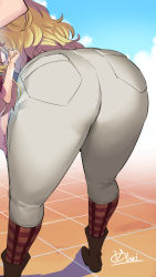 Rule 34 | 10s, 1girl, artist name, ass, ass focus, bent over, blonde hair, boku no hero academia, boots, breasts, curvy, day, highres, huge ass, legs, long hair, melissa shield, obui, outdoors, pants, sky, thick thighs, thighs, third-party edit, tight clothes, tight pants, wide hips