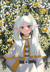 Rule 34 | 1girl, absurdres, arm behind back, belt, black belt, blush, capelet, chrispy tuna, commentary, dangle earrings, dress, earrings, english commentary, flower, frieren, green eyes, highres, jewelry, long hair, long sleeves, looking at viewer, orange flower, parted bangs, plant, pointy ears, shirt, solo, sousou no frieren, striped clothes, striped shirt, twintails, white capelet, white dress, white hair
