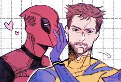 2boys averting_eyes beard blue_gloves bodysuit brown_hair commentary_request covering_another&#039;s_mouth deadpool deadpool_&amp;_wolverine deadpool_(series) facial_hair gloves hand_over_another&#039;s_mouth hand_up head_tilt heart highres male_focus marvel mask mcnn0000 multiple_boys red_bodysuit red_mask rejected_kiss superhero_costume teeth twitter_username two-tone_bodysuit wolverine_(x-men) x-men yaoi yellow_bodysuit