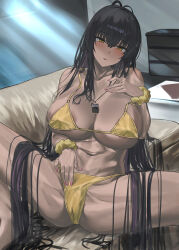 1girl absurdres bare_shoulders bikini black_hair blue_archive blush breasts cleavage collarbone crotch dark-skinned_female dark_skin gold_bikini highres karin_(blue_archive) large_breasts long_hair looking_at_viewer navel nuo_(fttv3255) solo spread_legs swimsuit thighs yellow_eyes