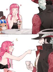 Rule 34 | 1girl, breasts, coat, cup, dracule mihawk, drill hair, eating, facial hair, feeding, feet together, food, happy, hat, holding, holding cup, ice cream, joman, large breasts, long hair, long sleeves, looking at another, multiple views, mustache, no bra, one piece, open clothes, open coat, perona, pink hair, short hair, sitting, size difference, smile, table, very long hair, weapon