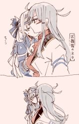 Rule 34 | ..., 2girls, ainu clothes, bad id, bad twitter id, belt, blue hair, blush, breasts, dress, closed eyes, facial scar, gangut (kancolle), grey hair, hair between eyes, hair ornament, hairclip, headband, itomugi-kun, jacket, jacket on shoulders, kamoi (kancolle), kantai collection, kiss, large breasts, long hair, looking at another, medium breasts, military, military uniform, multicolored hair, multiple girls, naval uniform, ponytail, red eyes, red shirt, remodel (kantai collection), scar, scar on cheek, scar on face, shirt, simple background, spoken ellipsis, translation request, uniform, wavy mouth, white hair, yuri