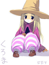 Rule 34 | 1girl, black mage, black mage (fft), black mage (final fantasy), blonde hair, final fantasy, final fantasy tactics, hat, hima, knees up, long sleeves, looking at viewer, lowres, puffy pants, purple eyes, simple background, solo, striped, white background, witch hat