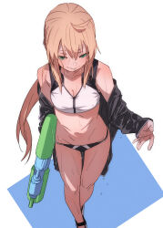 Rule 34 | 1girl, artoria pendragon (swimsuit archer) (fate), artoria pendragon (swimsuit archer) (second ascension) (fate), bikini, blonde hair, character request, copyright request, fu-ta, green eyes, highres, long hair, simple background, solo, swimsuit, water gun, wet