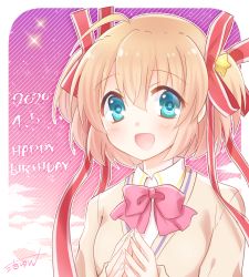 Rule 34 | 1girl, blonde hair, blue eyes, bow, commentary request, dated, hair ornament, hair ribbon, happy birthday, highres, kamikita komari, little busters!, miyoshi yun, pink background, pink bow, red ribbon, ribbon, school uniform, short hair, signature, smile, solo, star (symbol), star hair ornament, striped, striped background, twintails, upper body