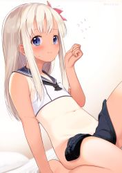Rule 34 | 1girl, black one-piece swimsuit, blonde hair, blue eyes, blue sailor collar, blurry, blurry background, blush, bottomless, closed mouth, commentary request, crop top, depth of field, dx (dekusu), flat chest, flower, flying sweatdrops, hair between eyes, hair flower, hair ornament, highres, kantai collection, long hair, looking at viewer, navel, on bed, one-piece swimsuit, one-piece tan, pillow, pink flower, ro-500 (kancolle), sailor collar, sailor shirt, school swimsuit, shirt, sitting, sleeveless, sleeveless shirt, solo, swimsuit, unworn swimsuit, tan, tanline, twitter username, white shirt