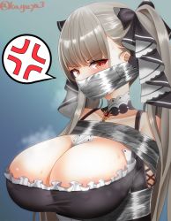 Rule 34 | 1girl, anger vein, areola slip, azur lane, bare shoulders, bdsm, between breasts, blush, bondage, bound, breasts, cleavage, cloth gag, clothing cutout, detached collar, eyebrows hidden by hair, formidable (azur lane), gag, gagged, grey hair, huge breasts, improvised gag, kaguya-san (nantyu-erosada), long hair, looking at viewer, necktie, necktie between breasts, open mouth, over the nose gag, red eyes, shibari, shoulder cutout, signature, solo, spoken anger vein, steaming body, sweat, tape, tape gag, twintails, two-tone dress, very long hair