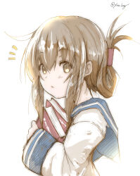 Rule 34 | 1girl, blue sailor collar, book, brown eyes, brown hair, chicken99, folded ponytail, highres, inazuma (kancolle), kantai collection, long hair, long sleeves, notice lines, one-hour drawing challenge, sailor collar, sailor shirt, school uniform, serafuku, shirt, simple background, solo, twitter username, upper body, white background, white shirt