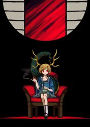 Rule 34 | 1girl, absurdres, antlers, blonde hair, chair, cigarette, dragon horns, dragon tail, earrings, headpat, highres, holding, holding cigarette, holding smoking pipe, hoop earrings, horns, jewelry, kicchou yachie, neruzou, otter, red eyes, scratches, shoes, short hair, sitting, skirt, smoking pipe, socks, solo, tail, tattoo, touhou, white socks