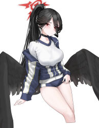 Rule 34 | 1girl, absurdres, adjusting buruma, adjusting clothes, black choker, black hair, black wings, blue archive, blue jacket, blue shorts, breasts, buruma, choker, closed mouth, commentary request, cropped legs, feathered wings, feathers, gym uniform, hair over one eye, halo, hasumi (blue archive), hasumi (track) (blue archive), highres, jacket, lakudaken, large breasts, long hair, long sleeves, looking at viewer, low wings, off shoulder, official alternate costume, partially unzipped, red eyes, red halo, shirt, shorts, simple background, solo, very long hair, white background, white shirt, wings
