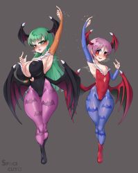 Rule 34 | 2girls, absurdres, armpits, arms up, bat wings, blush, boots, breasts, breath, cleavage, demon girl, demon wings, detached sleeves, embarrassed, flat chest, flying sweatdrops, green eyes, green hair, highres, huge breasts, lilith aensland, long hair, looking at viewer, morrigan aensland, multiple girls, nervous sweating, pantyhose, parted lips, pink hair, pointing, pointing up, red eyes, short hair, signature, simple background, smile, space cuyo, steam, steaming body, sweat, vampire (game), very sweaty, wet, wings