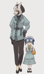 Rule 34 | 1boy, 1girl, alternate costume, basket, belt, black eyes, black gloves, black hair, blue belt, blue coat, blue dress, blue eyes, blue hair, blush, breasts, casual, coat, cup, dress, gloves, hair between eyes, hand on own hip, height difference, highres, holding, holding basket, holding cup, kawasemi27, long sleeves, looking at viewer, made in abyss, maruruk, medium breasts, multicolored hair, ozen, short hair, trap, white hair