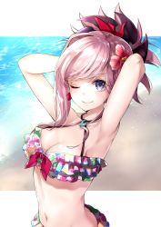 Rule 34 | 1girl, ;), armpits, arms behind head, beach, bikini, breasts, cleavage, closed mouth, commentary request, fate/grand order, fate (series), flower, frilled bikini, frills, hair flower, hair ornament, hane yuki, highres, looking at viewer, medium breasts, miyamoto musashi (fate), miyamoto musashi (storms and waves) (fate), multicolored bikini, multicolored clothes, navel, one eye closed, pink hair, purple eyes, sand, short hair, smile, solo, swimsuit