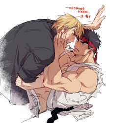 Rule 34 | 2boys, anger vein, bara, bare pectorals, black hair, blush, capcom, commentary, couple, english commentary, eye contact, grabbing, headband, highres, imminent kiss, ken masters, looking at another, male focus, mature male, multiple boys, muscular, muscular male, on person, pectoral grab, pectorals, ryu (street fighter), short hair, sketch, sleeveless, spiked hair, street fighter, street fighter ii (series), thick eyebrows, translation request, yaoi, yuiofire