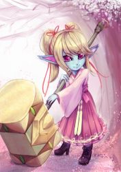 Rule 34 | 1girl, alternate costume, blonde hair, blue skin, cherry blossoms, colored skin, dress, fang, full body, hair ribbon, hammer, high heels, japanese clothes, league of legends, long hair, looking at viewer, menyuu, petals, pink dress, pointy ears, poppy (league of legends), purple eyes, ribbon, shoes, smile, solo, standing, twintails, war hammer, warhammer, weapon, wide sleeves, yordle