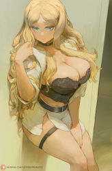 Rule 34 | 1girl, ansatsu kyoushitsu, belt, blonde hair, blue eyes, blush, breasts, choker, cleavage, collarbone, cutesexyrobutts, highres, irina jelavic, large breasts, long hair, looking at viewer, miniskirt, parted bangs, skirt, sleeves rolled up, solo, strapless, thick thighs, thighs, white skirt