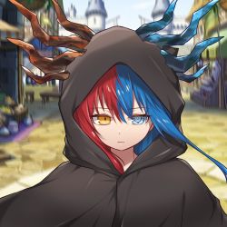 Rule 34 | 1girl, blue eyes, blue fire, blue hair, blue horns, blurry, blurry background, bright pupils, castle, cloak, commission, commissioner upload, day, dragon girl, dragon horns, expressionless, fire, food, highres, hood, hood up, hooded cloak, horns, inferna dragnis (xoldrek), long hair, looking at viewer, market, market stall, multicolored hair, original, outdoors, shield, solo, split-color hair, standing, usagi1923, white pupils