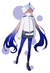 Rule 34 | 1boy, blue hair, blue pants, blush, captain nemo (fate), citron80citron, fate/grand order, fate (series), full body, gradient hair, green eyes, hat feather, high heels, highres, jacket, light brown hair, long hair, long sleeves, looking at viewer, multicolored hair, nemo (fate), open mouth, pants, pantyhose, solo, tight clothes, tight pants, turban, two-tone hair, white headwear, white jacket