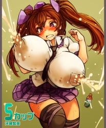 Rule 34 | 1girl, blush, breast expansion, breasts, brown hair, drooling, female focus, hair ornament, hat, himekaidou hatate, huge breasts, lactation, lactation through clothes, long hair, long twintails, miniskirt, necktie, purple eyes, running, sachito, shirt, skirt, solo, thighhighs, thighs, tokin hat, touhou, twintails, unaligned breasts