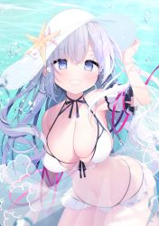 Rule 34 | 1girl, air bubble, bare shoulders, bikini, blue eyes, breasts, bubble, cleavage, cowboy shot, grey hair, hat, highres, large breasts, long hair, looking at viewer, navel, original, see-through, shiika yuno, skindentation, smile, solo, starfish, stomach, sun hat, swimsuit, underwater, water, white bikini, white hat