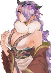 Rule 34 | 1girl, breasts, camilla (fire emblem), cleavage, fire emblem, fire emblem fates, fire emblem heroes, hair over one eye, japanese clothes, kimono, large breasts, lips, long hair, looking at viewer, nintendo, official alternate costume, purple eyes, purple hair, sideboob, smile, solo, tiara, tnmrdgr, very long hair, wavy hair, white background
