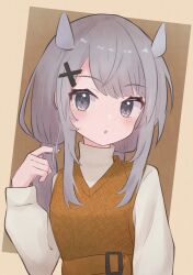 Rule 34 | 1girl, brown background, brown dress, commentary request, dress, fake horns, grey eyes, grey hair, hair ornament, horned headwear, horns, i-201 (kancolle), kantai collection, long hair, looking at viewer, low ponytail, official alternate costume, solo, sweater, two-tone background, unoi, white sweater, x hair ornament