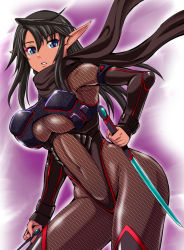 Rule 34 | 1girl, armor, armpits, ass, black hair, black scarf, black thighhighs, blue eyes, breastplate, breasts, cleavage cutout, clothing cutout, cowboy shot, dark-skinned female, dark elf, dark skin, detached sleeves, elf, groin, highleg, highres, holding, holding weapon, kumoi takashi, large breasts, long hair, looking at viewer, midriff, navel, ninja, ninjatou, original, parted lips, pointy ears, revealing clothes, scarf, short sword, sidelocks, solo, stomach, sword, thighhighs, underboob, weapon