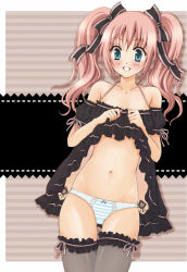 Rule 34 | blue eyes, blush, clothes lift, dress, dress lift, frilled thighhighs, frills, haco, haco (risebox), hair ribbon, lingerie, long hair, original, panties, pink hair, ribbon, solo, striped clothes, striped panties, thighhighs, twintails, underwear