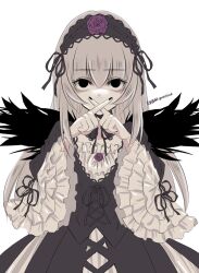 Rule 34 | 1girl, black dress, black eyes, black nails, black wings, crossed fingers, dress, expressionless, flower, frilled sleeves, frills, gothic lolita, grey hair, hairband, highres, kiru (m putorius), lolita fashion, lolita hairband, long hair, looking at viewer, rose, rozen maiden, simple background, solo, suigintou, upper body, white background, wide sleeves, wings, x fingers