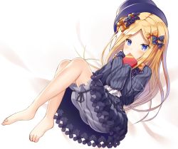 Rule 34 | 1girl, abigail williams (fate), barefoot, bed sheet, black bow, black dress, black hat, blonde hair, bloomers, blue eyes, blush, bow, box, bug, butterfly, commentary request, covered mouth, dress, fate/grand order, fate (series), full body, gift, gift box, hair bow, hat, holding, holding gift, insect, long hair, long sleeves, looking at viewer, misui, orange bow, parted bangs, polka dot, polka dot bow, sleeves past fingers, sleeves past wrists, solo, underwear, very long hair