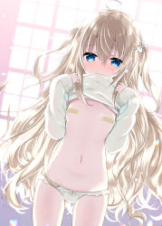 Rule 34 | 1girl, ahoge, alternate hair length, alternate hairstyle, bandaid, bandaids on nipples, blonde hair, blue eyes, blush, bow, bow panties, breasts, clothes lift, commentary request, dutch angle, earrings, gluteal fold, hair bow, hands up, highres, jewelry, lifted by self, long hair, long sleeves, mouth hold, navel, original, panties, pasties, sleeves past wrists, small breasts, solo, sweater, sweater lift, tia-chan, two side up, uchuuneko, underwear, very long hair, white bow, white panties, white sweater