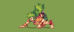 Rule 34 | 1990s (style), 1boy, abysswolf, all fours, fangs, final fantasy, final fantasy vi, gau, green background, green hair, long hair, male focus, pixel art, red eyes, retro artstyle, shorts, solo, wristband