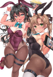 Rule 34 | 2girls, akigumo (kancolle), akigumo kai ni (kancolle), animal ears, black hair, black leotard, blue bow, blue bowtie, bow, bowtie, breasts, brown hair, brown pantyhose, censored, cleavage, colored inner hair, commentary request, cowboy shot, detached collar, drawing tablet, gradient eyes, green eyes, grey thighhighs, grin, hair down, hair ribbon, highres, kantai collection, large breasts, leotard, long hair, looking at viewer, mole, mole under eye, mosaic censoring, multicolored eyes, multicolored hair, multiple girls, naganami (kancolle), naganami kai ni (kancolle), nijimoto hirok, one-piece tan, pantyhose, pink hair, playboy bunny, ponytail, purple leotard, rabbit ears, rabbit tail, ribbon, simple background, smile, tail, tan, tanline, thighhighs, two-tone hair, wavy hair, white background, wrist cuffs