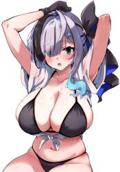 Rule 34 | 1girl, arms up, bikini, black bikini, black gloves, black hair, black ribbon, blue eyes, blush, breasts, cleavage, first stage production, gloves, grey hair, hair ornament, hair over one eye, hair ribbon, hirowa nagi, huge breasts, medium hair, multicolored hair, navel, ribbon, shirt, solo, sparkle, streaked hair, swimsuit, tied shirt, transparent background, virtual youtuber, wet, white shirt, yuyu yura