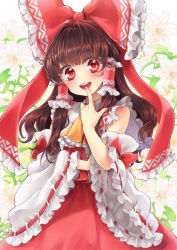 Rule 34 | 1girl, ascot, bare shoulders, blush, bow, brown hair, detached sleeves, embellished costume, female focus, finger to mouth, floral background, flower, frilled sleeves, frills, hair bow, hair tubes, hakurei reimu, highres, index finger raised, japanese clothes, long hair, looking at viewer, midriff, miko, namisaki yuka, open mouth, red eyes, red ribbon, ribbon, shirt, skirt, skirt set, sleeveless, sleeveless shirt, smile, solo, teeth, touhou, wide sleeves
