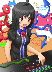 Rule 34 | 1girl, ahoge, arcade, arcade cabinet, asymmetrical wings, bad id, bad pixiv id, black dress, black hair, blush stickers, bow, bowtie, breasts, dress, english text, engrish text, female focus, fingernails, houjuu nue, looking down, nail polish, open mouth, playing games, pointing, ranguage, red eyes, shirokuro ha, short hair, short sleeves, small breasts, smile, snake, solo, space invaders, teeth, tongue, touhou, ufo, video game, white background, wings