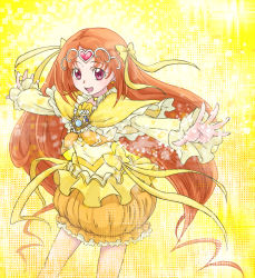 Rule 34 | 10s, 1girl, boots, bow, brooch, bubble skirt, capelet, cure muse, cure muse (yellow), dress, hair ornament, hair ribbon, heart, jewelry, long hair, looking at viewer, magical girl, orange hair, orange skirt, precure, red eyes, ribbon, shirabe ako, skirt, solo, suite precure, tiara, uyoshi, very long hair, yellow bow, yellow dress, yellow theme