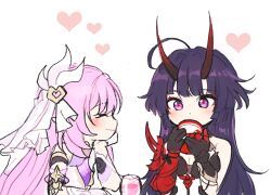 Rule 34 | 2boys, 5rwpvc, black gloves, blush, closed eyes, closed mouth, cup, drinking, elysia (herrscher of human: ego) (honkai impact), elysia (honkai impact), gloves, happy, heart, highres, honkai (series), honkai impact 3rd, horns, long hair, multiple boys, purple eyes, purple hair, raiden mei, raiden mei (herrscher of thunder), simple background, smile, very long hair, white background, white veil