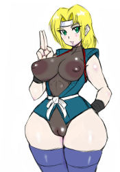 Rule 34 | 1girl, blonde hair, breasts, cameltoe, covered erect nipples, curvy, green eyes, headband, japanese clothes, large breasts, martial champion, nipples, pussy, racheal, see-through, solo, thick thighs, thighhighs, thighs, wide hips
