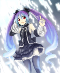 Rule 34 | 1girl, akikan (watashi no sekai), bare shoulders, black thighhighs, blue hair, detached sleeves, drill hair, frilled sleeves, frills, gothic lolita, gradient hair, hatsune miku, hatsune miku no gekishou (vocaloid), headset, highres, index finger raised, lolita fashion, long hair, multicolored hair, necktie, open mouth, project diva, project diva (series), project diva 2nd, purple hair, red eyes, smile, solo, thighhighs, twin drills, twintails, very long hair, vocaloid, zettai ryouiki