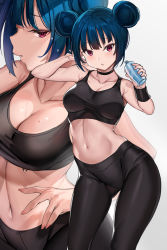 Rule 34 | 1girl, bare shoulders, blue hair, blush, bottle, breasts, choker, cleavage, collarbone, curvy, double bun, eyelashes, hair bun, highres, large breasts, looking at viewer, love live!, love live! sunshine!!, midriff, multiple views, navel, pants, parted lips, pink eyes, simple background, sports bra, stomach, sweat, tem10, tsushima yoshiko, water bottle, white background, wide hips, yoga pants