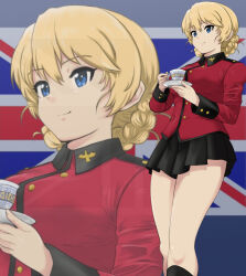 Rule 34 | 1girl, absurdres, black footwear, black skirt, blonde hair, blue eyes, boots, braid, closed mouth, commentary request, cup, darjeeling (girls und panzer), flag background, girls und panzer, highres, holding, holding cup, holding saucer, jacket, knee boots, long sleeves, looking to the side, military uniform, miniskirt, partial commentary, pleated skirt, red jacket, saucer, short hair, skirt, smile, solo, st. gloriana&#039;s military uniform, standing, teacup, twin braids, uniform, union jack, yoyokkun, zoom layer