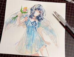 Rule 34 | 1girl, angel wings, art tools in frame, artist name, bare legs, blue dress, blue hair, blue ribbon, choker, clenched teeth, dress, feathered wings, flower, grey eyes, grid, hand up, highres, holding, holding flower, looking at viewer, medium hair, neck ribbon, original, paintbrush, parted lips, pen, photo (medium), pink flower, pink tulip, red choker, ribbon, signature, simple background, solo, srnmomo, standing, teeth, tulip, white background, white flower, white tulip, white wings, wings