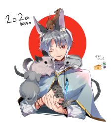 Rule 34 | 1boy, 2020, animal, animal ears, animal on head, animal on shoulder, blue capelet, capelet, cheese, chinese zodiac, commentary request, food, fuuga (perv rsity), genderswap, genderswap (ftm), gold trim, hamster, highres, holding, holding animal, jewelry, light blush, long sleeves, looking to the side, mouse (animal), mouse ears, mouse tail, nazrin, on head, on shoulder, one eye closed, open mouth, pendant, red eyes, red sun, shirt, short hair, silver hair, simple background, squirrel, squirrel ears, squirrel tail, tail, teeth, touhou, translation request, upper body, upper teeth only, whiskers, white background, white shirt, year of the rat