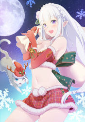 Rule 34 | 1girl, absurdres, bare shoulders, blush, braid, breasts, cat, christmas, cleavage, commentary request, cowboy shot, elbow gloves, emilia (re:zero), fake antlers, flower, full moon, fur-trimmed gloves, fur-trimmed skirt, fur trim, gloves, hair flower, hair ornament, hair ribbon, hat, highres, holding, holding sack, long hair, looking at viewer, medium breasts, midriff, moon, navel, night, night sky, open mouth, over shoulder, plaid, plaid skirt, pointy ears, puck (re:zero), purple eyes, re:zero kara hajimeru isekai seikatsu, red gloves, red skirt, ribbon, sack, santa hat, skirt, sky, smile, solo, stomach, teeth, tsubonu ma, upper teeth only
