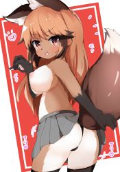 Rule 34 | 1girl, animal ear fluff, animal ears, arm up, ass, berusa (berutoo), black panties, black thighhighs, breasts, brown eyes, brown hair, clothes lift, fox ears, fox girl, fox tail, from behind, furry, furry female, grey skirt, highres, lifted by tail, long hair, looking back, miniskirt, nipples, open mouth, original, panties, paw pose, skirt, skirt lift, smile, solo, tail, thighhighs, thighs, topless, underwear