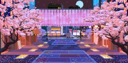 Rule 34 | animated, animated gif, bus, car, cherry blossoms, city, full moon, moon, motor vehicle, night, no humans, outdoors, pavement, petals, pixel art, pocket rumble, railing, road, scenery, sky, star (sky), starry sky, waneella